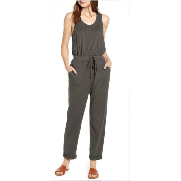 Caslon Sleeveless Slub Jumpsuit Size M Gray Green - Picture 1 of 16